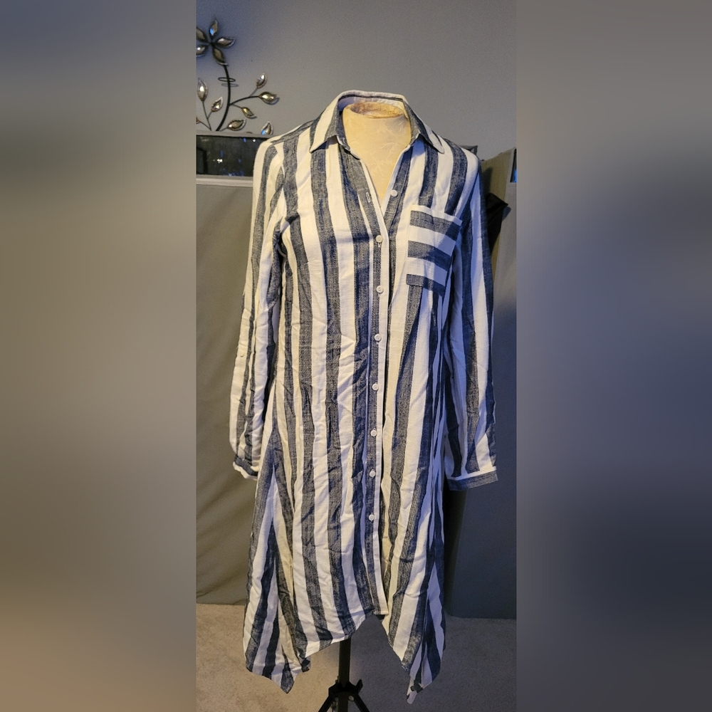 Blue and White High Low Shirt Dress with Notched Collar
